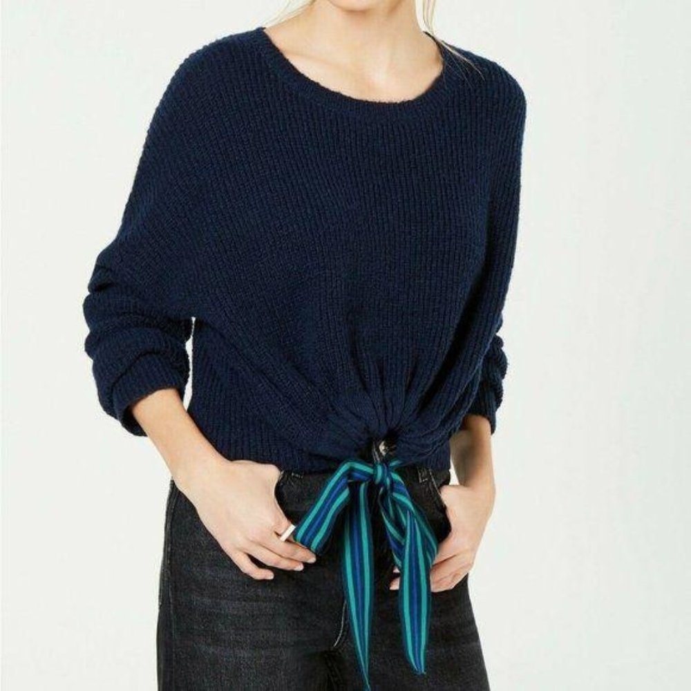 Crave Fame by Almost Famous Navy Blue Tie-Front Pullover Sweater Casual Knit Top